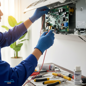 Emergency aircond service KL - technician performing maintenance and cleaning aircond filters in a Malaysian home