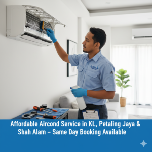 Certified Malaysian technician performing chemical coil cleaning during affordable aircond service in Kuala Lumpur.