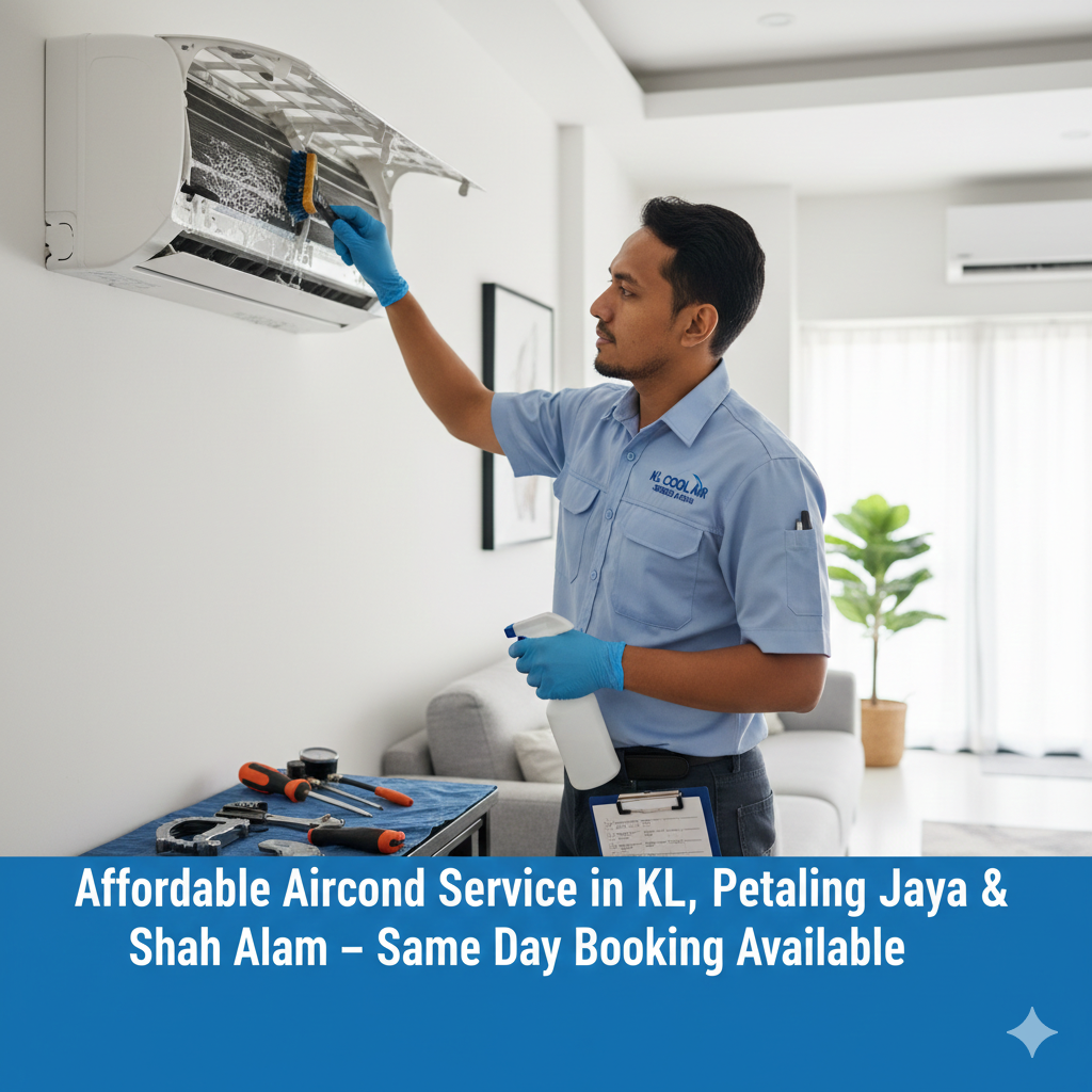 Certified Malaysian technician performing chemical coil cleaning during affordable aircond service in Kuala Lumpur.