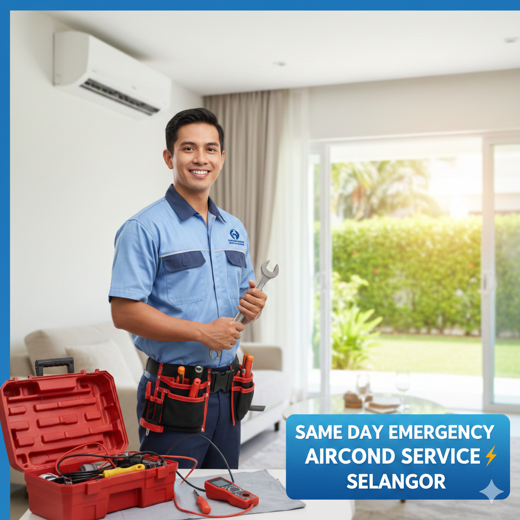 Friendly technician repairing an air conditioning unit for same-day emergency aircond service in Selangor, Malaysia.