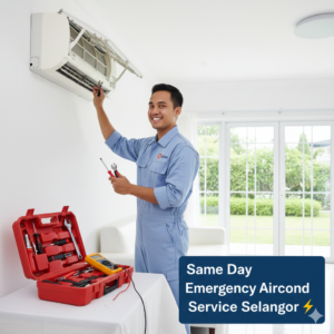 Professional Malaysian technician providing same-day emergency aircond service in a Selangor home, holding tools near a wall-mounted AC unit.