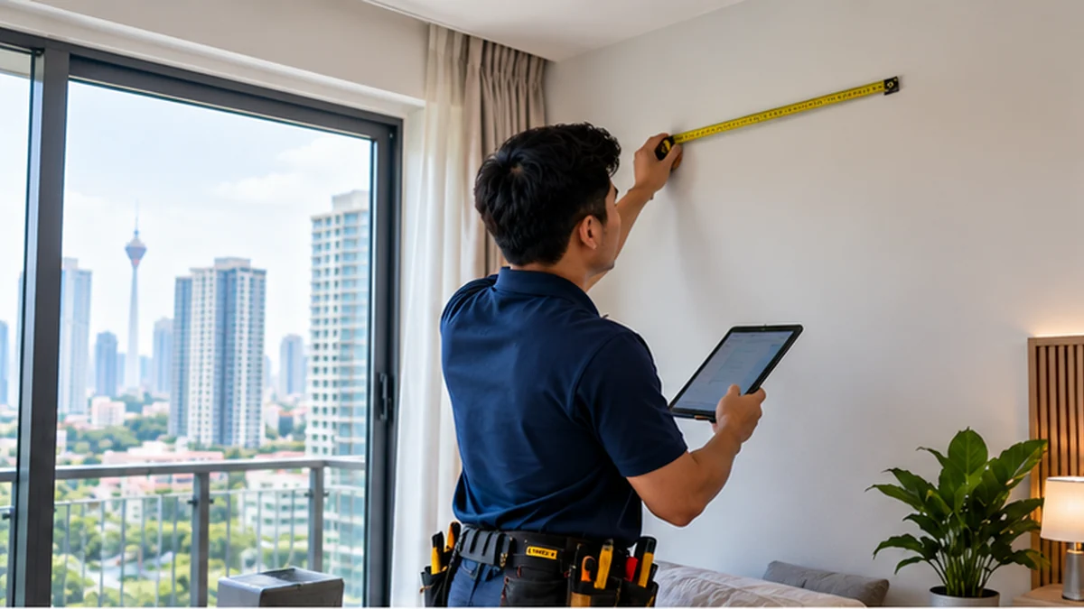 Technician measuring and assessing an aircond installation location in a Kuala Lumpur home