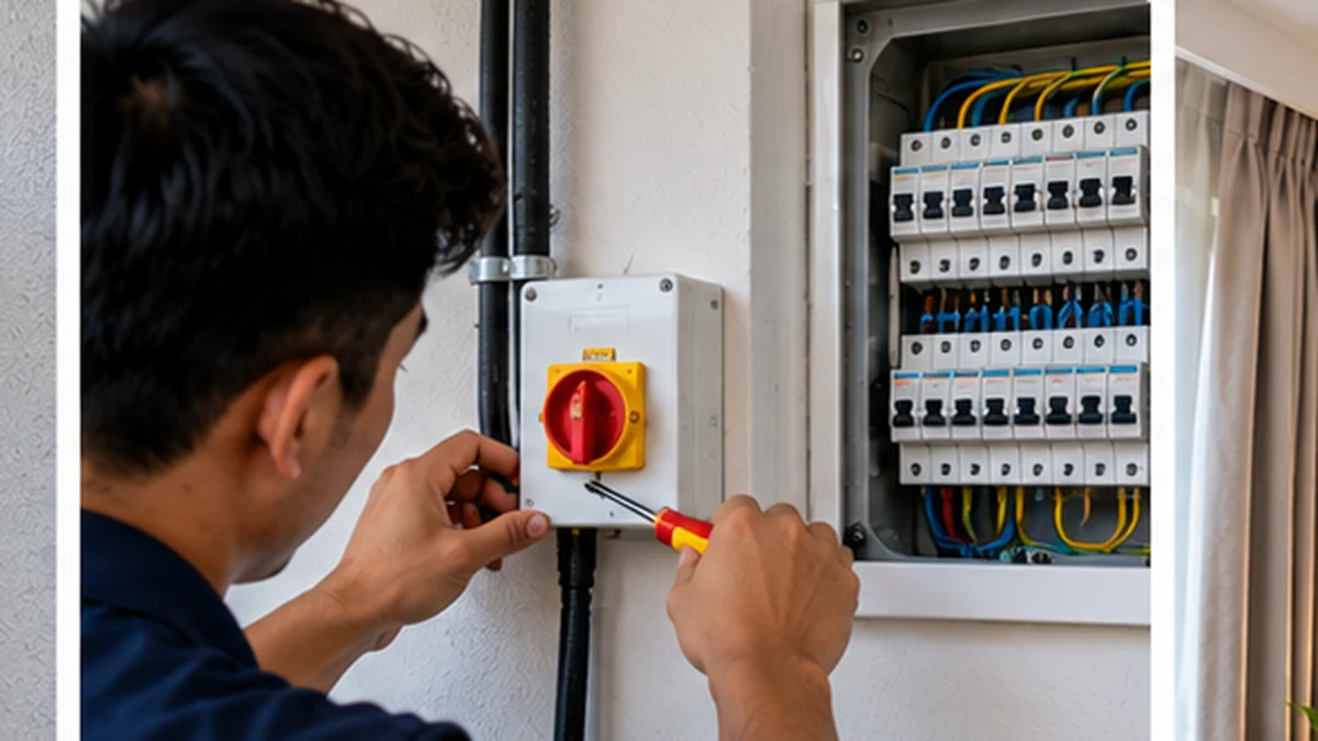 Technician checking the electrical supply and isolation for an aircond installation 