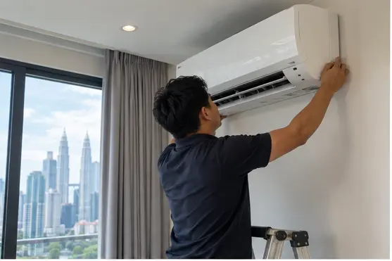 Technician installing a wall-mounted aircond in Kuala Lumpur