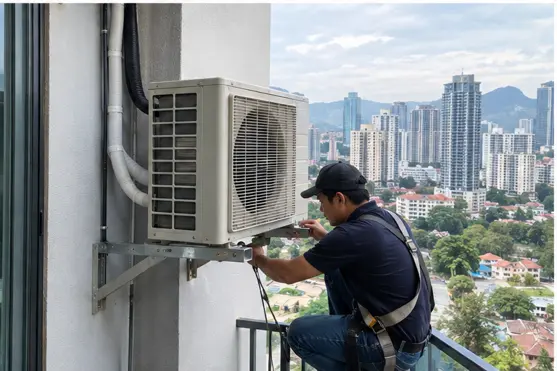 Outdoor aircond compressor installation at a high-rise property