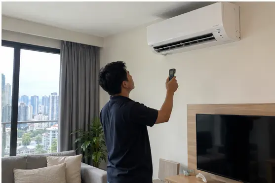 Technician testing a newly installed aircond