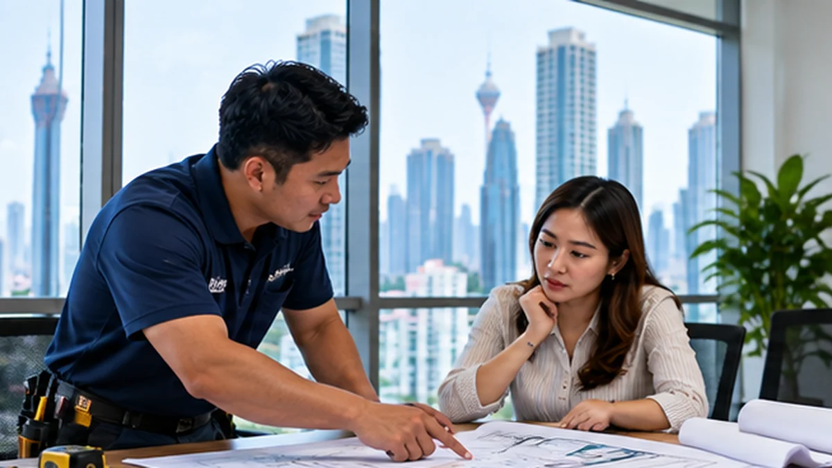 Technician reviewing a commercial aircond installation plan with an office manager in Selangor