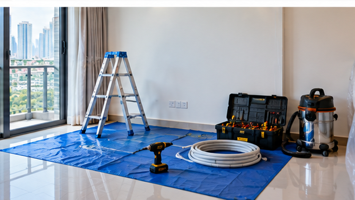 Cleared room prepared with tools and protective floor covering for aircond installation