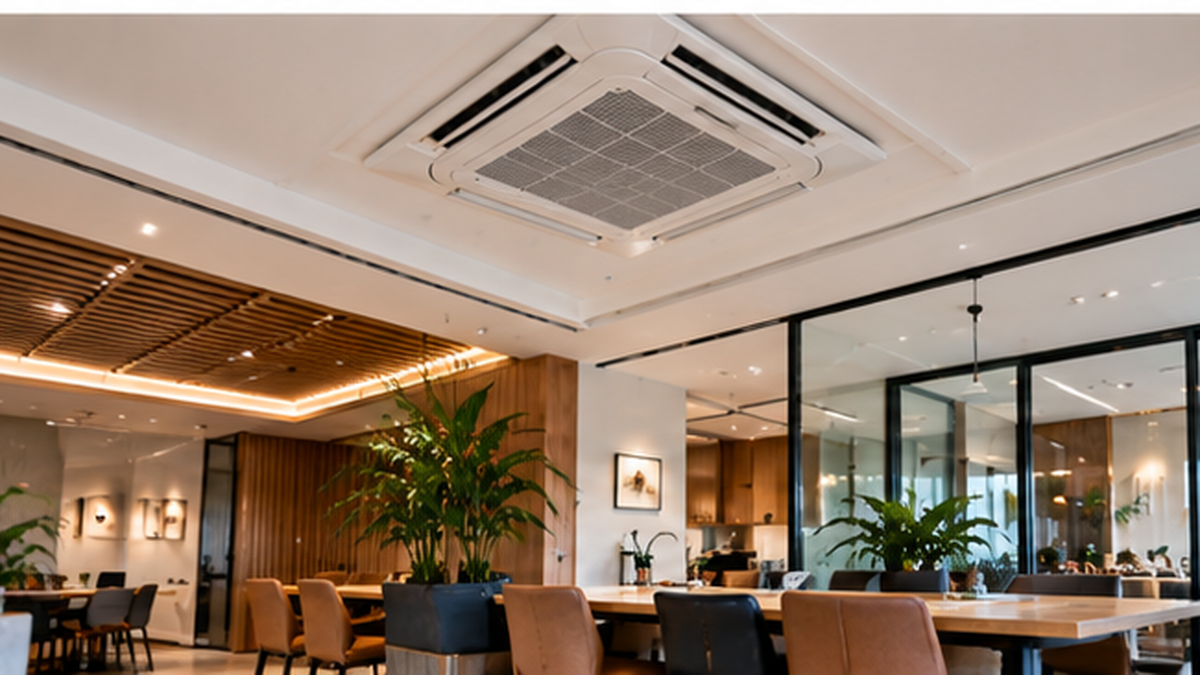 Ceiling cassette aircond installed in a large open-plan interior