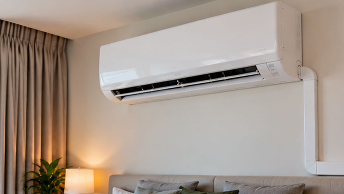 Wall-mounted split aircond installed in a modern Malaysian bedroom