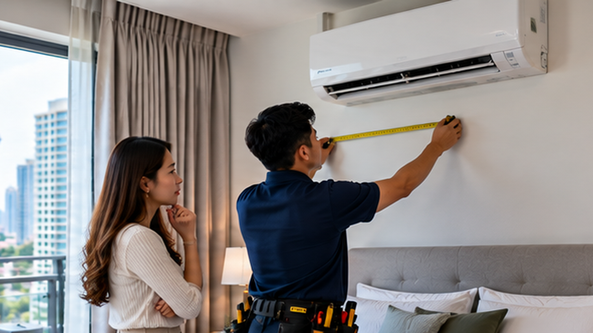 Homeowner and technician reviewing the aircond installation location before work begins