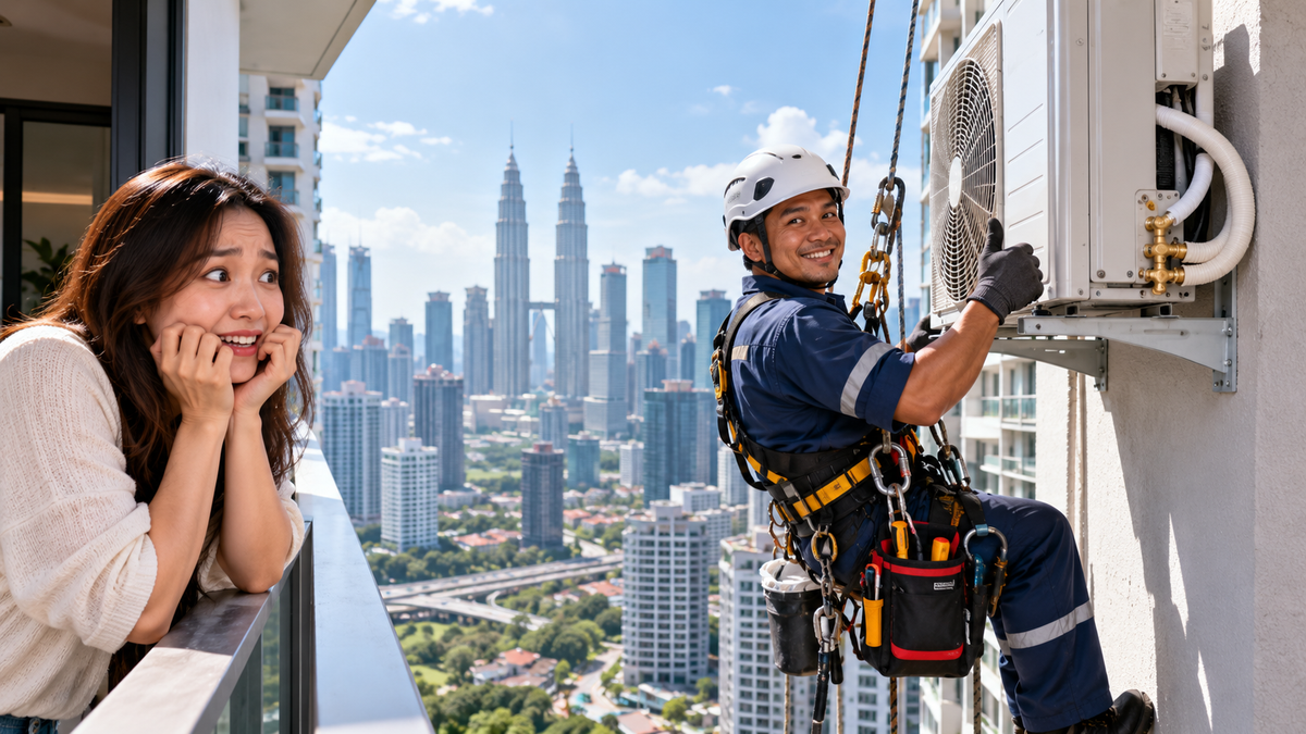 Harnessed technicians installing an outdoor aircond condenser on a high-rise property

