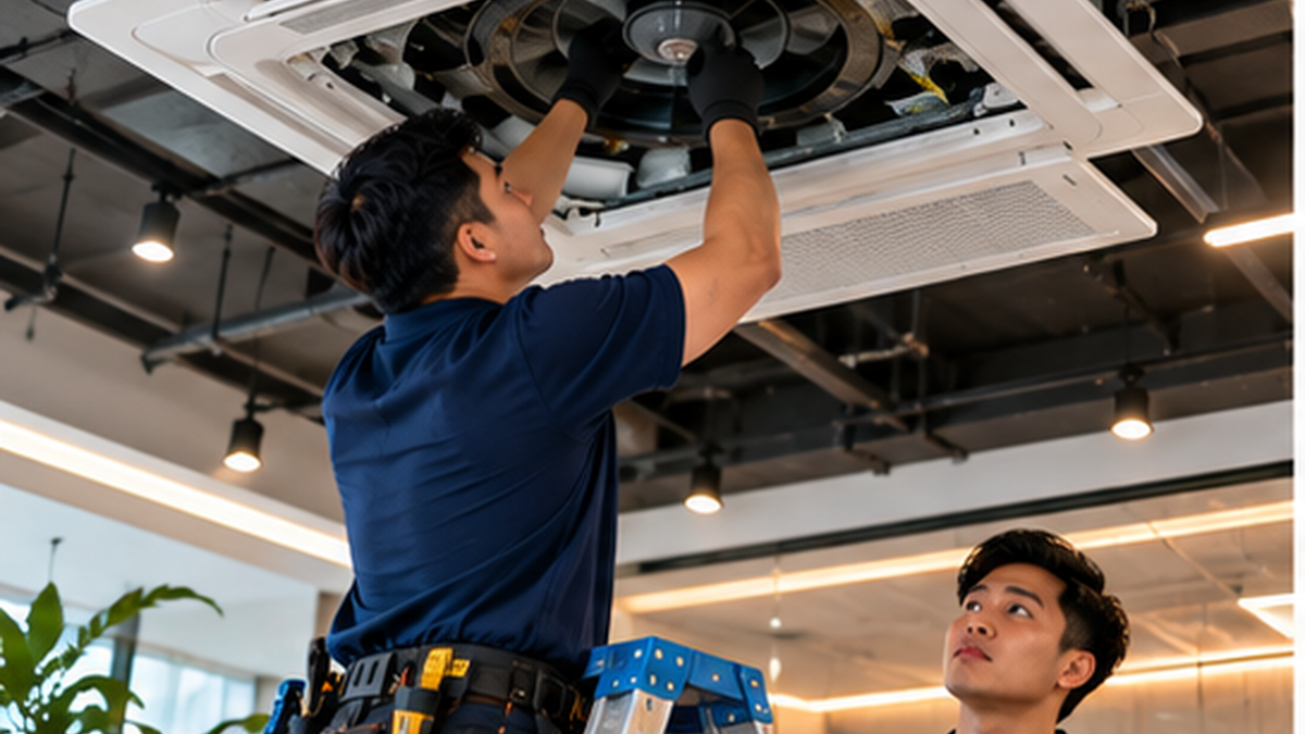 Technician installing a ceiling cassette aircond with a second technician assisting