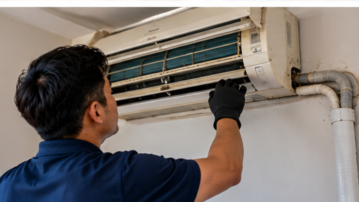 Technician inspecting an existing wall-mounted aircond before replacement 