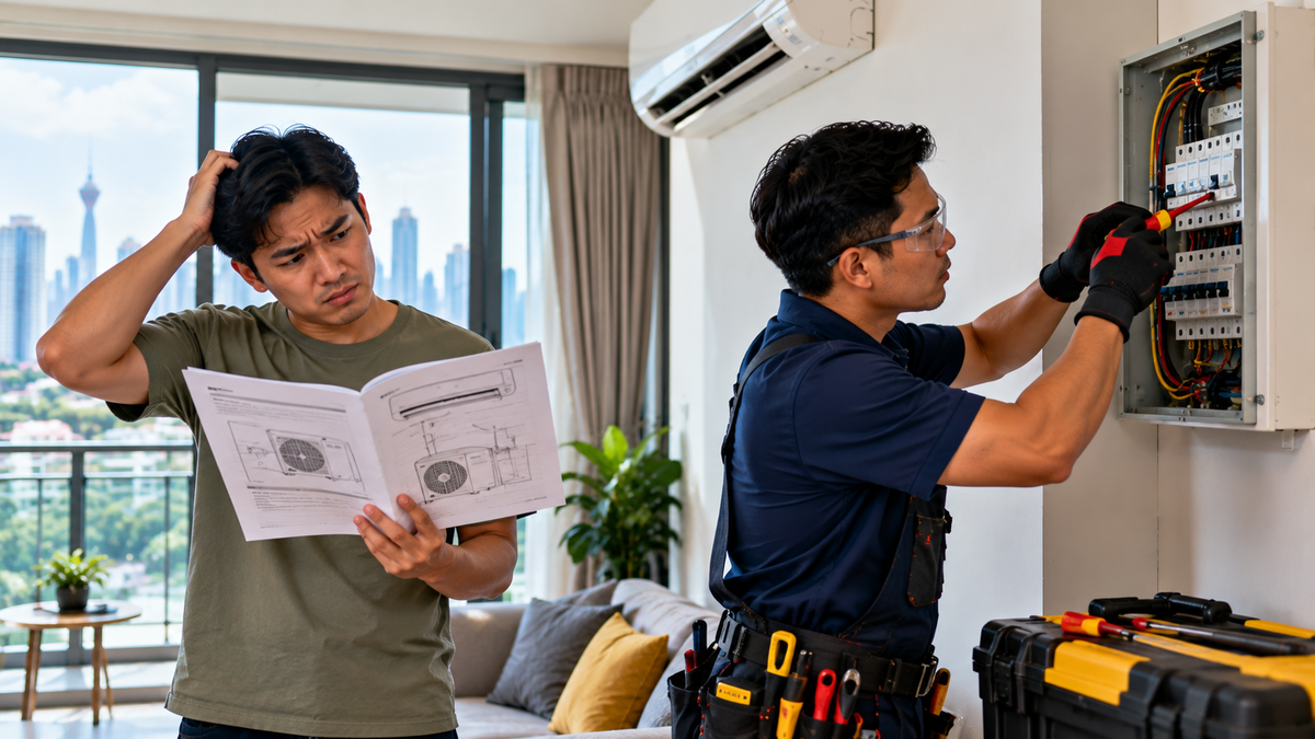 Professional technician checking aircond electrical installation while homeowner reads the manual