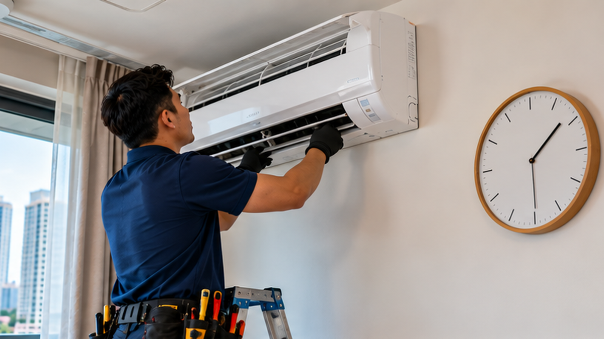 Technician installing a wall-mounted split aircond beside a clock