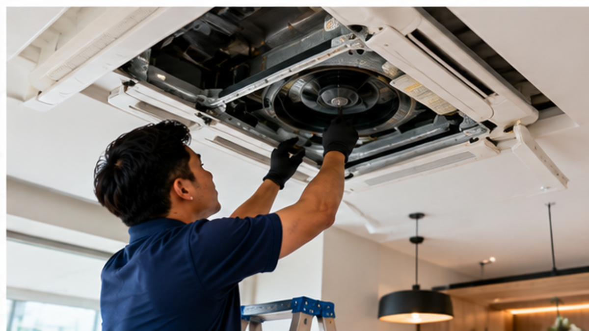 Technician accessing a ceiling cassette aircond for servicing