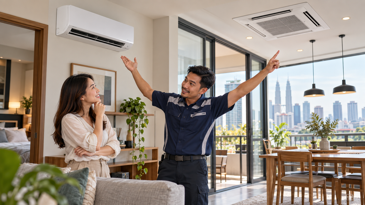 Technician helping a homeowner compare wall-mounted and ceiling aircond installation options