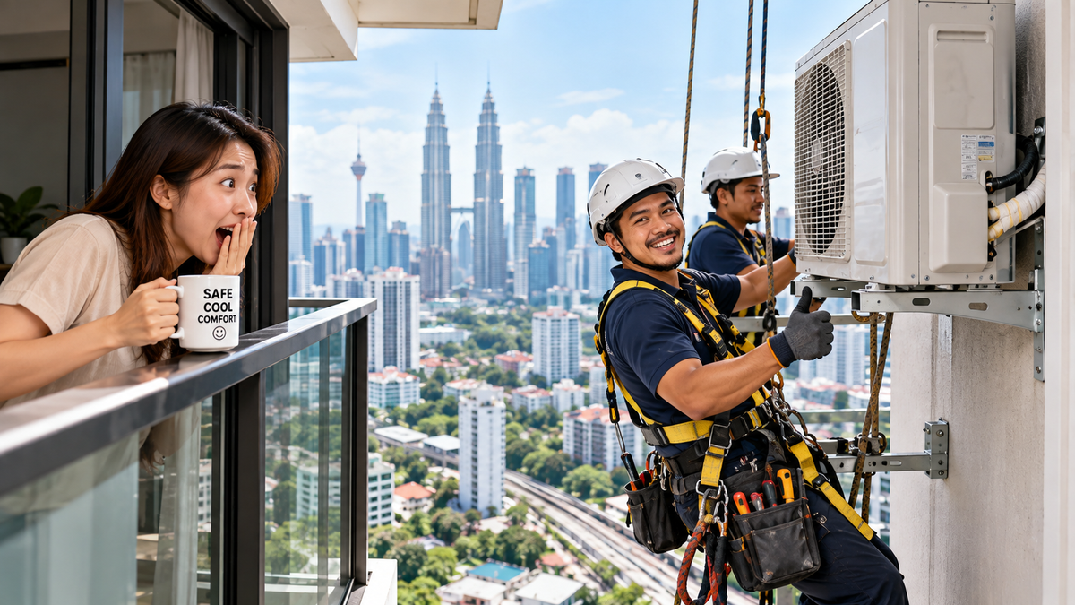 Technician assessing a high-rise aircond installation location in Kuala Lumpur


