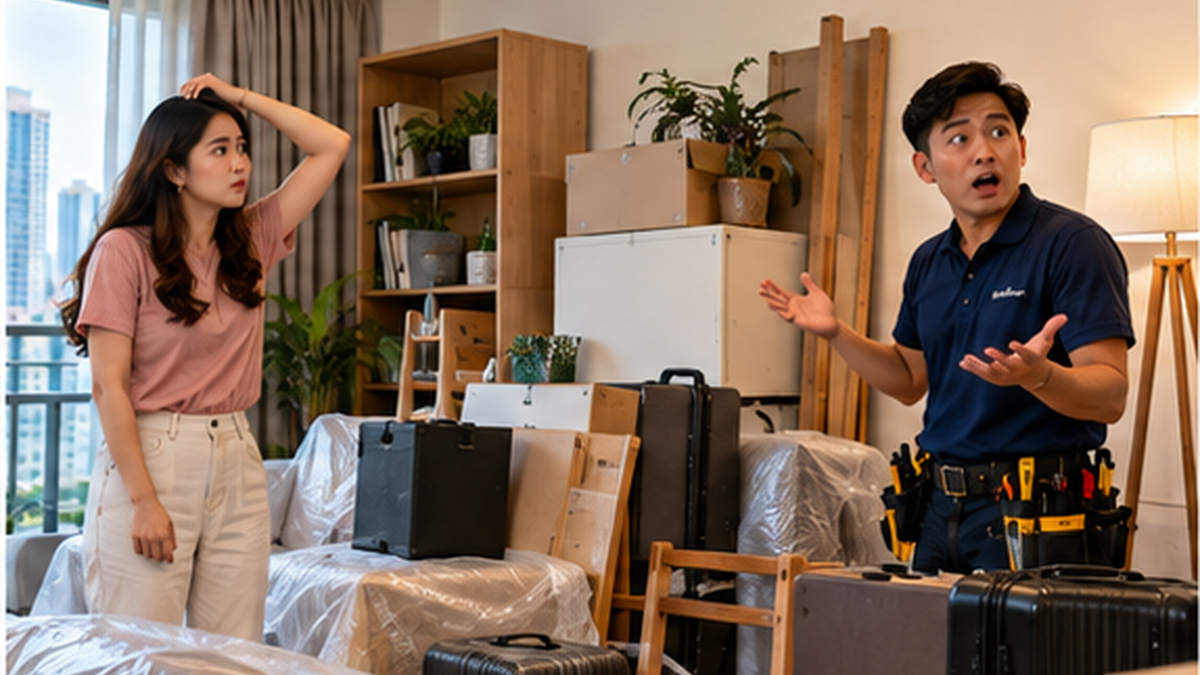 Technician and homeowner reacting to a cluttered installation area that needs clearing