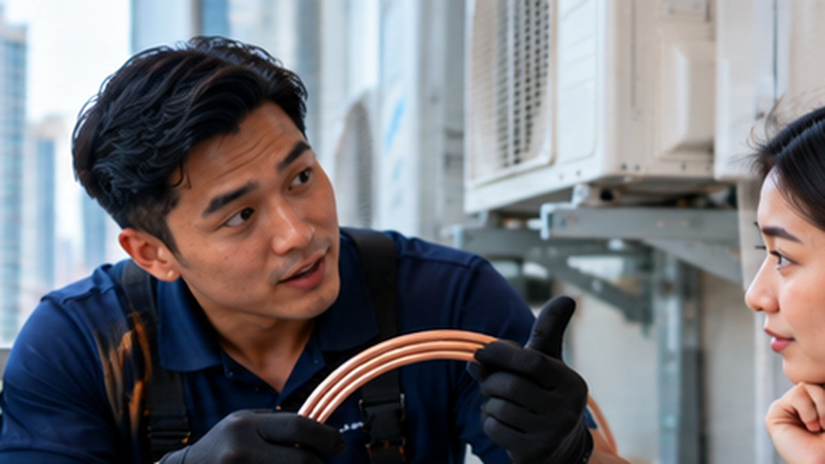 Technician explaining copper piping costs during aircond installation in Selangor