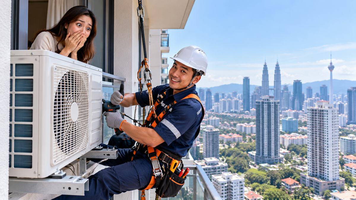 Technician using fall-protection equipment while accessing a high-rise aircond condenser

