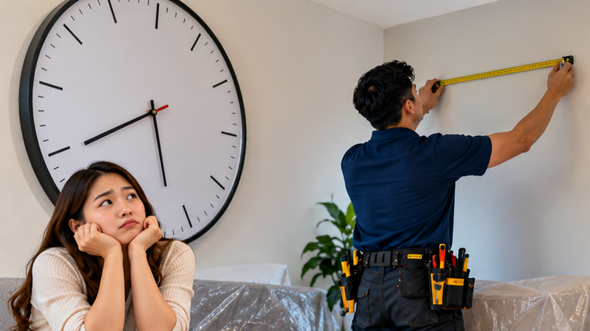 Homeowner waiting beside a large clock while a technician measures for aircond installation