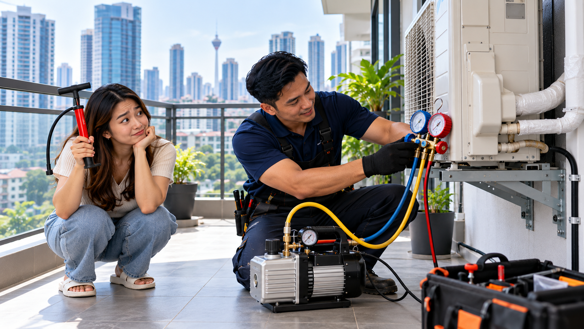Technician using manifold gauges and vacuum pump during professional aircond installation