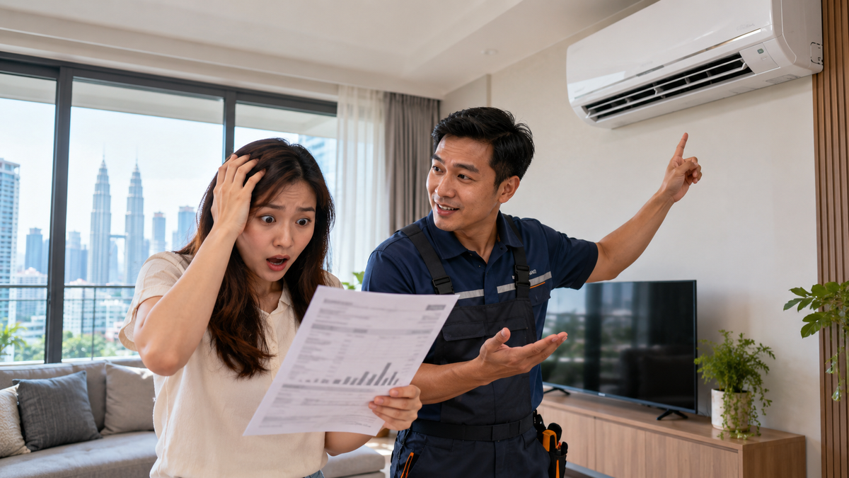 Homeowner reviewing electricity use beside an inverter aircond with a technician in Kuala Lumpur