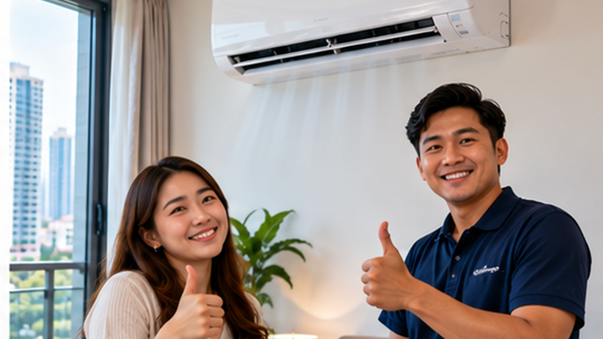 Homeowner and technician giving a thumbs-up beside a completed wall-mounted aircond installation