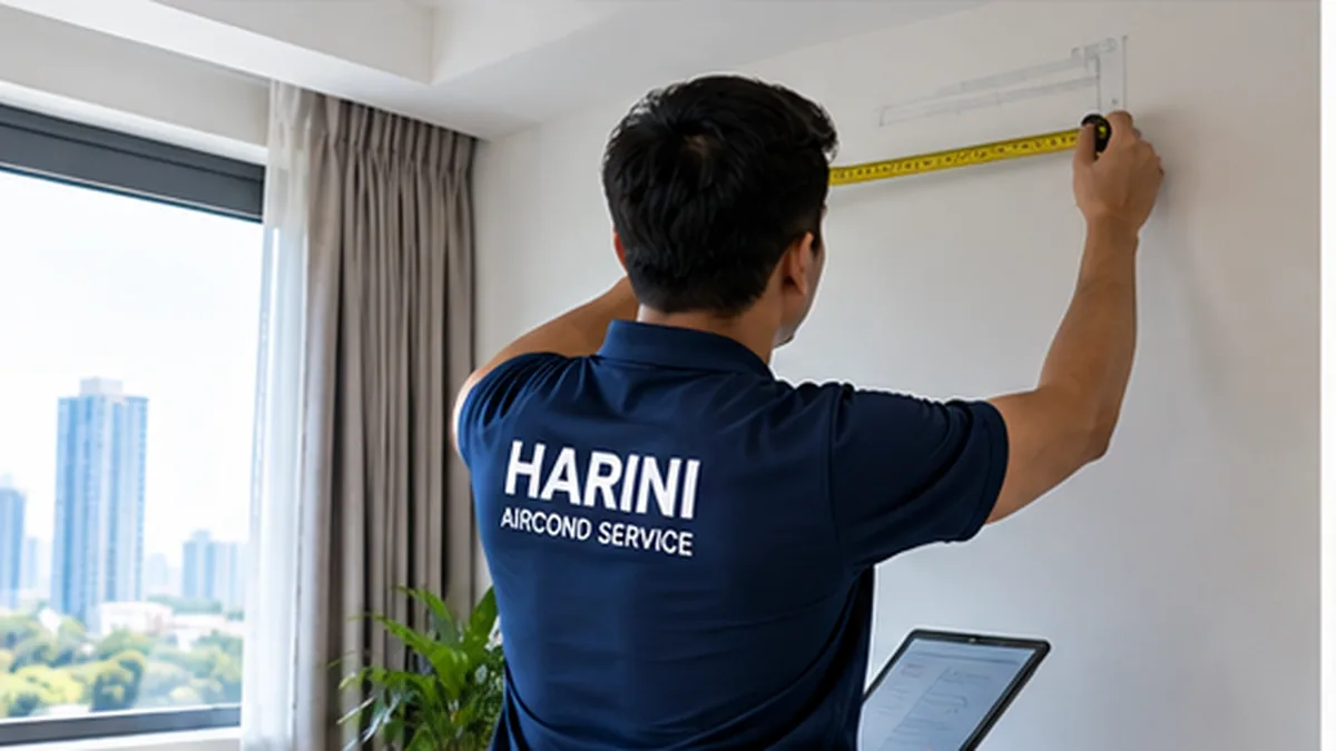 Technician assessing room size before selecting inverter aircond capacity

