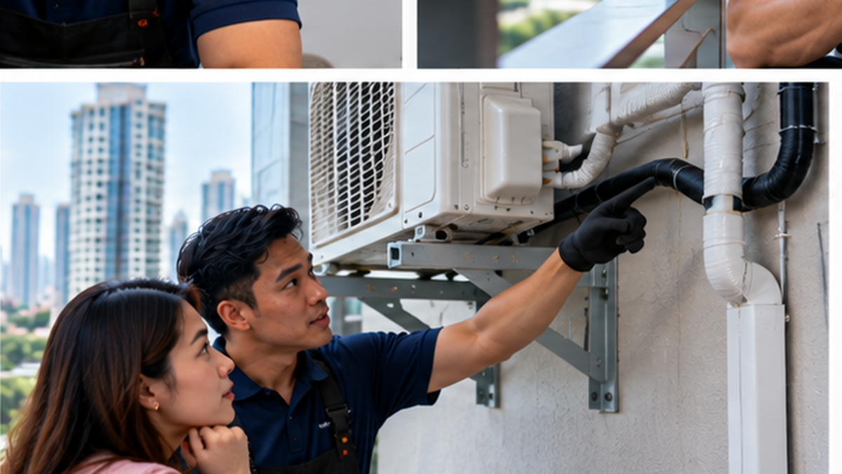 Technician assessing outdoor aircond installation requirements in Selangor